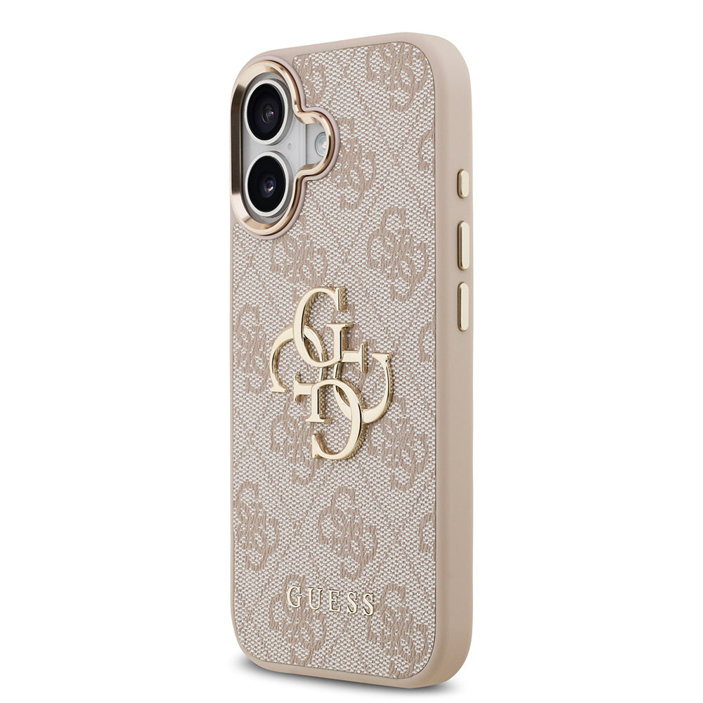 Guess iPhone 17 Orjinal Lisanslı Gold Metal Kamera Çerçeveli 4G Desenli Metal Büyük 4G ve Yazı Logolu Kılıf