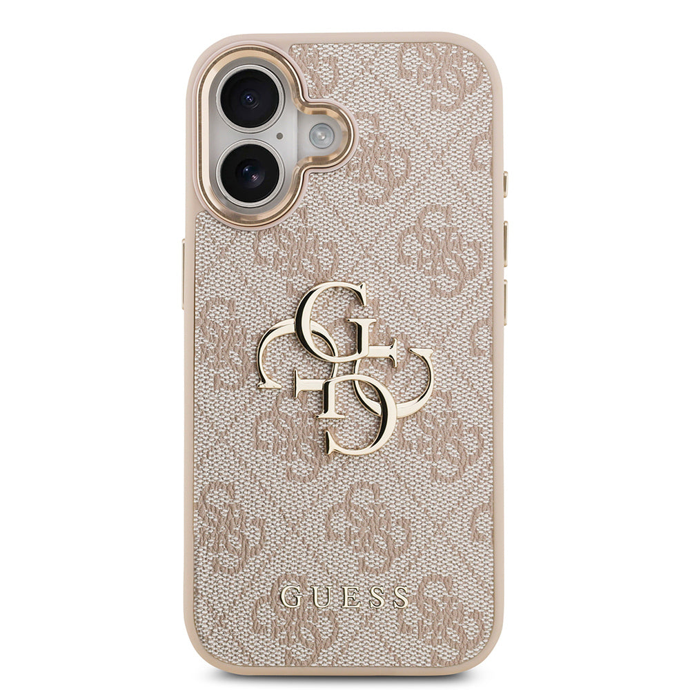Guess iPhone 17 Orjinal Lisanslı Gold Metal Kamera Çerçeveli 4G Desenli Metal Büyük 4G ve Yazı Logolu Kılıf