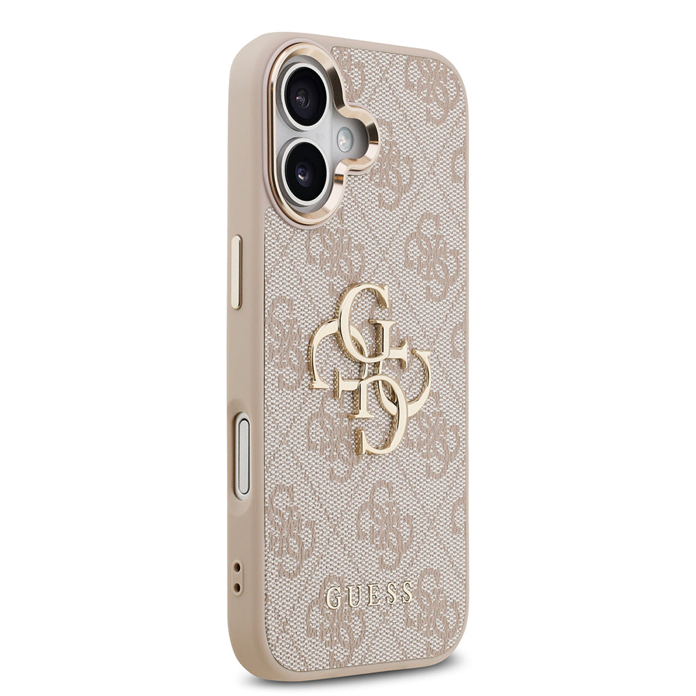 Guess iPhone 17 Orjinal Lisanslı Gold Metal Kamera Çerçeveli 4G Desenli Metal Büyük 4G ve Yazı Logolu Kılıf