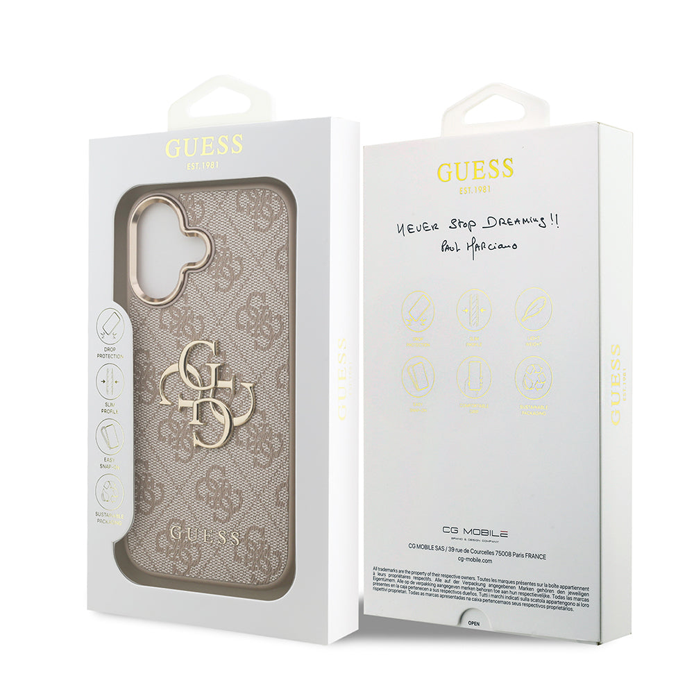 Guess iPhone 17 Orjinal Lisanslı Gold Metal Kamera Çerçeveli 4G Desenli Metal Büyük 4G ve Yazı Logolu Kılıf