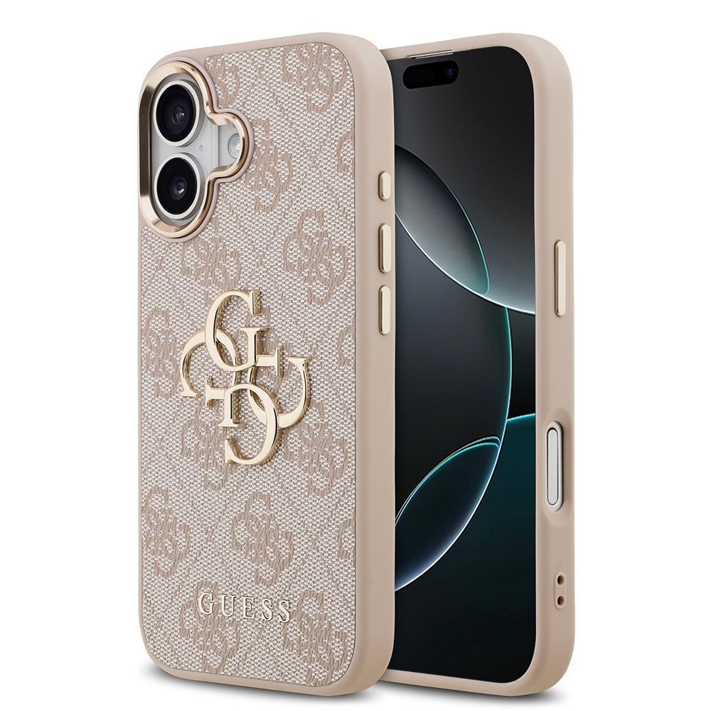 Guess iPhone 17 Orjinal Lisanslı Gold Metal Kamera Çerçeveli 4G Desenli Metal Büyük 4G ve Yazı Logolu Kılıf
