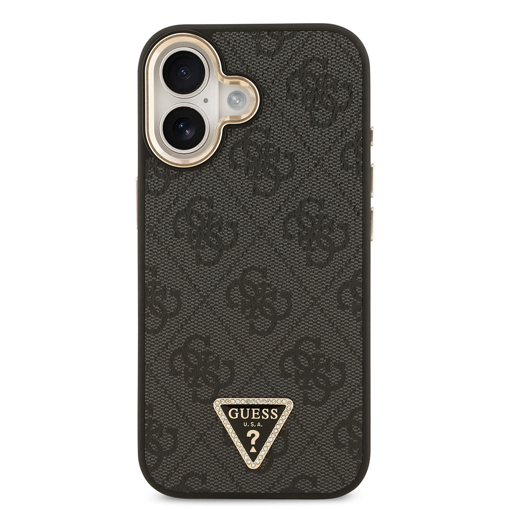 Guess iPhone 17 Orjinal Lisanslı M-safe Şarj Özellikli Gold Metal Kamera Çerçeveli Taşlı Üçgen Logo 4G Desenli Kılıf