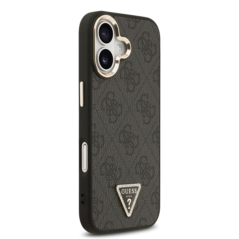 Guess iPhone 17 Orjinal Lisanslı M-safe Şarj Özellikli Gold Metal Kamera Çerçeveli Taşlı Üçgen Logo 4G Desenli Kılıf