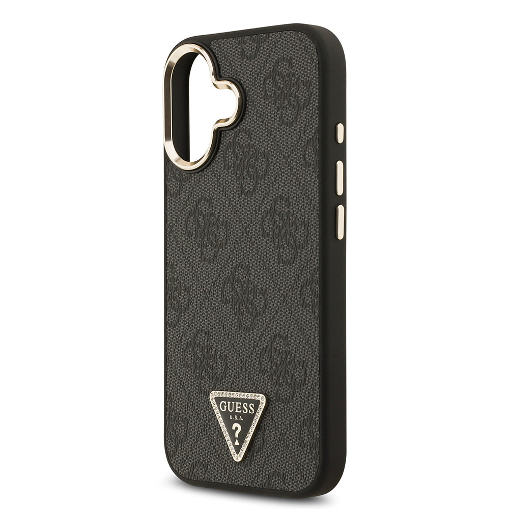 Guess iPhone 17 Orjinal Lisanslı M-safe Şarj Özellikli Gold Metal Kamera Çerçeveli Taşlı Üçgen Logo 4G Desenli Kılıf