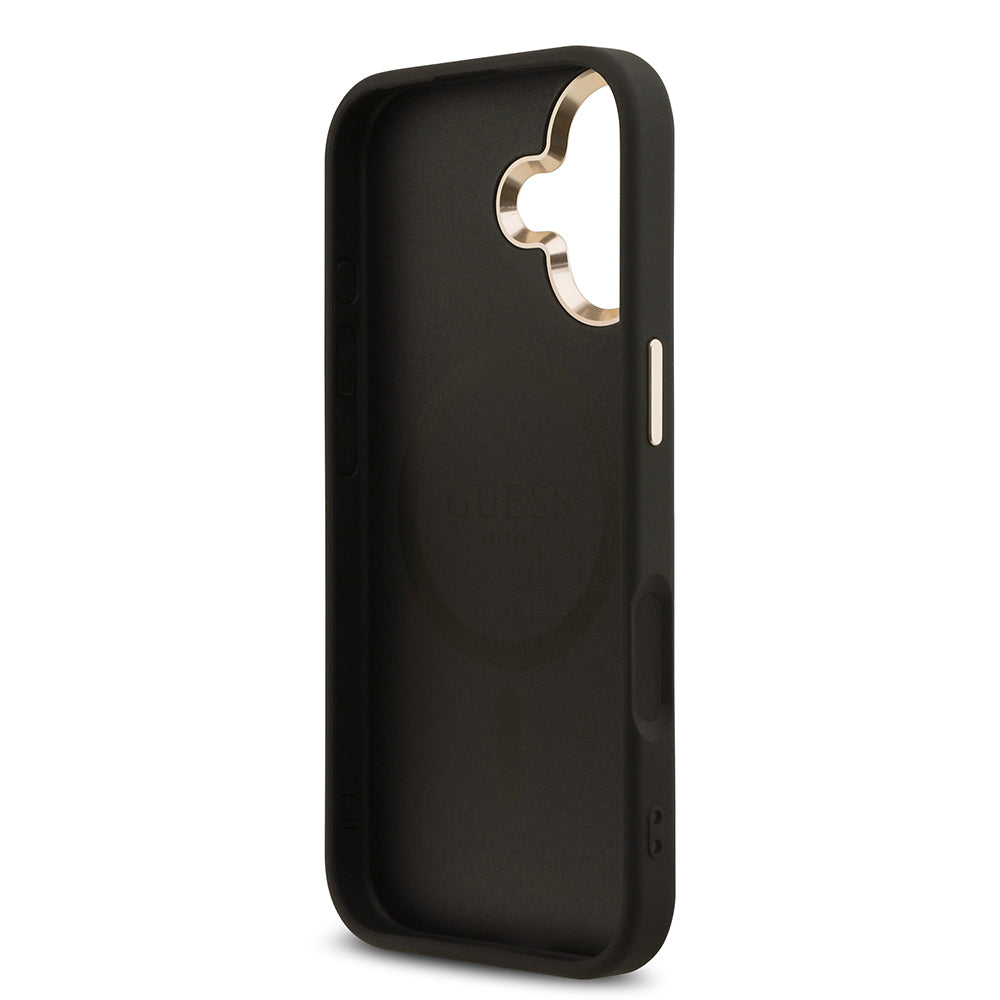 Guess iPhone 17 Orjinal Lisanslı M-safe Şarj Özellikli Gold Metal Kamera Çerçeveli Taşlı Üçgen Logo 4G Desenli Kılıf
