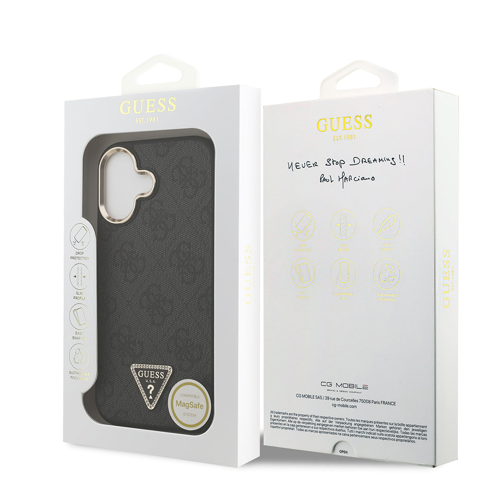 Guess iPhone 17 Orjinal Lisanslı M-safe Şarj Özellikli Gold Metal Kamera Çerçeveli Taşlı Üçgen Logo 4G Desenli Kılıf