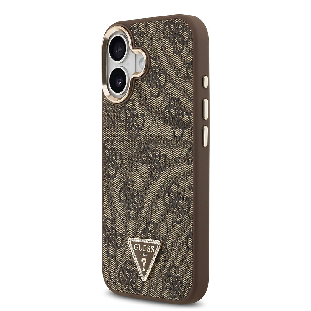 Guess iPhone 17 Orjinal Lisanslı M-safe Şarj Özellikli Gold Metal Kamera Çerçeveli Taşlı Üçgen Logo 4G Desenli Kılıf