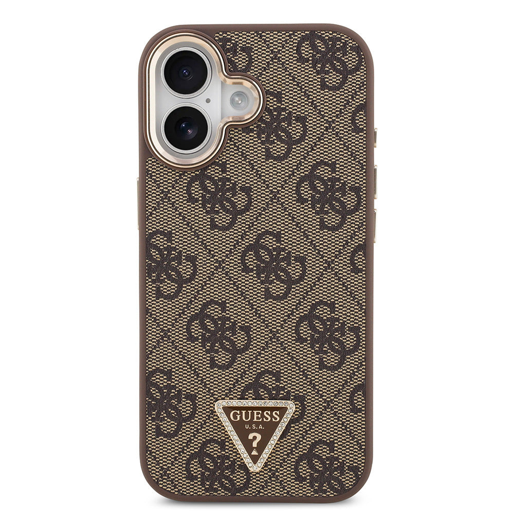 Guess iPhone 17 Orjinal Lisanslı M-safe Şarj Özellikli Gold Metal Kamera Çerçeveli Taşlı Üçgen Logo 4G Desenli Kılıf