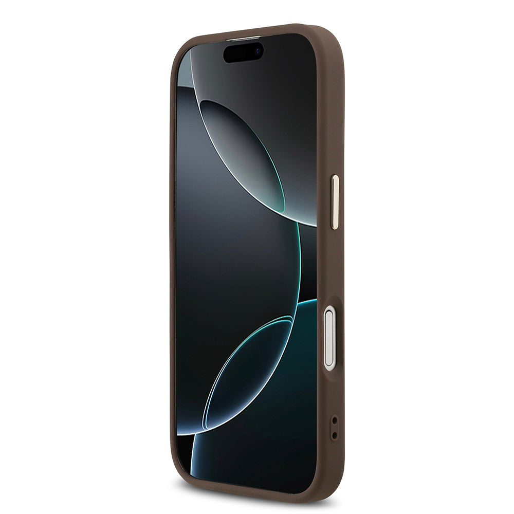 Guess iPhone 17 Orjinal Lisanslı M-safe Şarj Özellikli Gold Metal Kamera Çerçeveli Taşlı Üçgen Logo 4G Desenli Kılıf