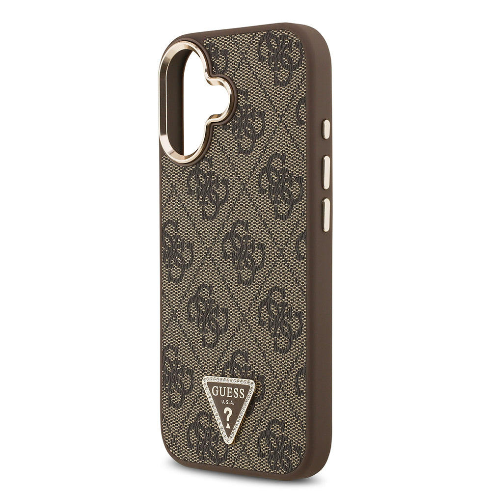 Guess iPhone 17 Orjinal Lisanslı M-safe Şarj Özellikli Gold Metal Kamera Çerçeveli Taşlı Üçgen Logo 4G Desenli Kılıf