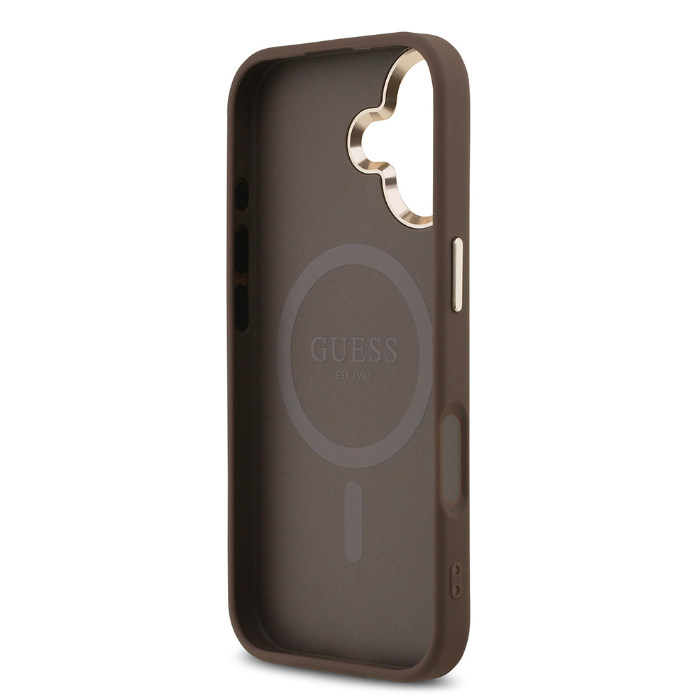 Guess iPhone 17 Orjinal Lisanslı M-safe Şarj Özellikli Gold Metal Kamera Çerçeveli Taşlı Üçgen Logo 4G Desenli Kılıf