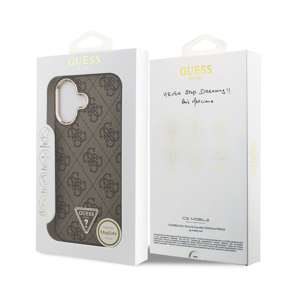 Guess iPhone 17 Orjinal Lisanslı M-safe Şarj Özellikli Gold Metal Kamera Çerçeveli Taşlı Üçgen Logo 4G Desenli Kılıf