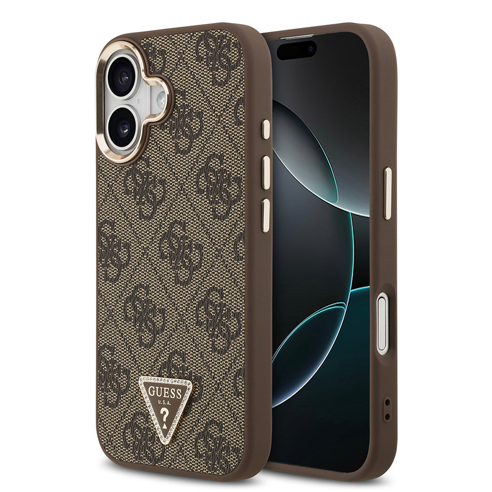 Guess iPhone 17 Orjinal Lisanslı M-safe Şarj Özellikli Gold Metal Kamera Çerçeveli Taşlı Üçgen Logo 4G Desenli Kılıf