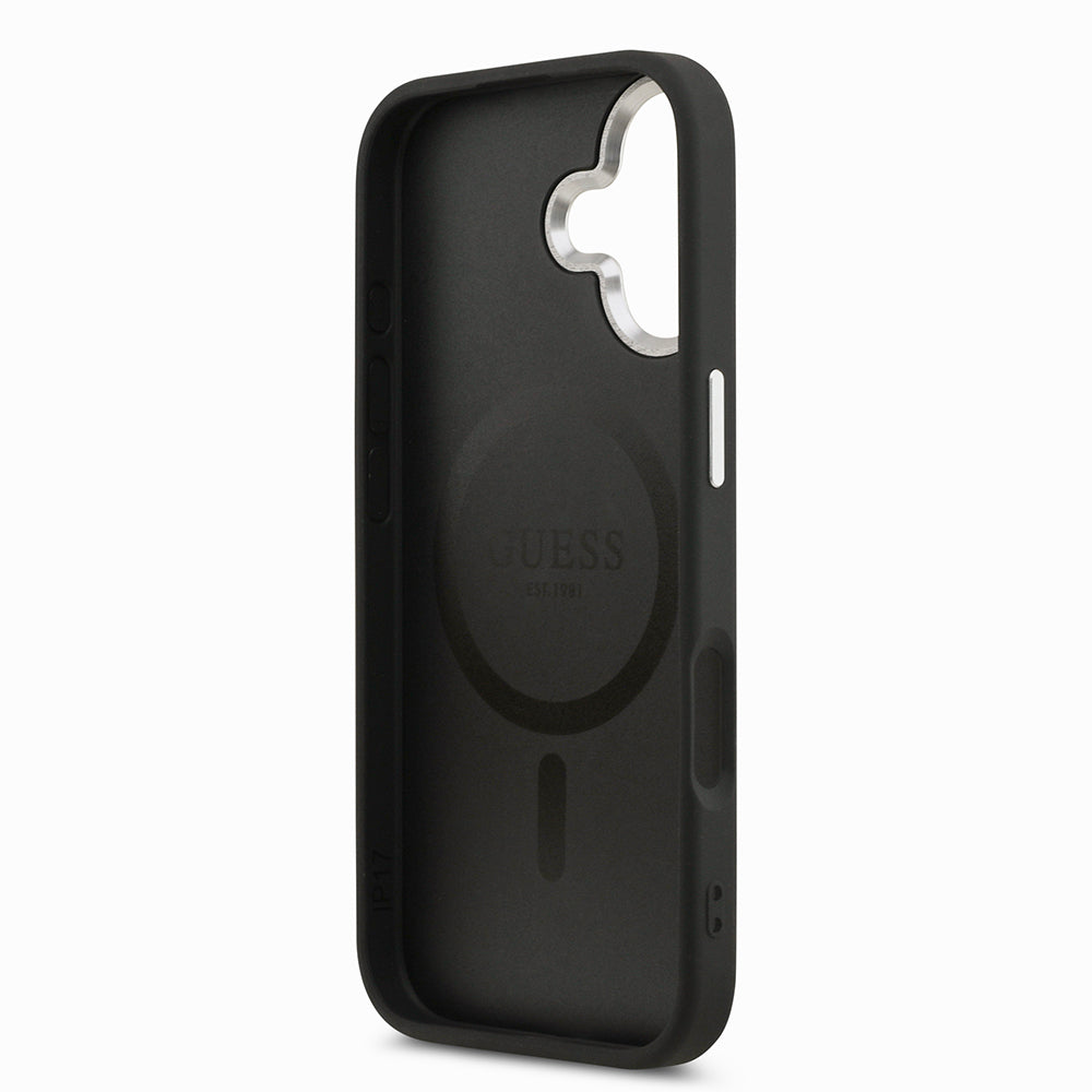 Guess iPhone 17 Orjinal Lisanslı M-safe Şarj Özellikli PU Deri Metal Kamera Çerçeveli Üçgen Logolu Kılıf