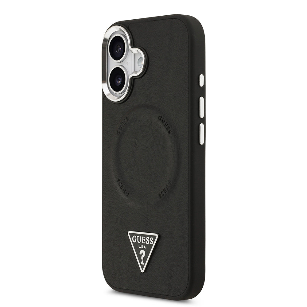 Guess iPhone 17 Orjinal Lisanslı M-safe Şarj Özellikli PU Deri Metal Kamera Çerçeveli Üçgen Logolu Kılıf