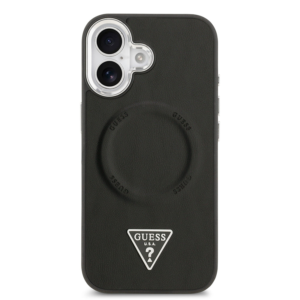 Guess iPhone 17 Orjinal Lisanslı M-safe Şarj Özellikli PU Deri Metal Kamera Çerçeveli Üçgen Logolu Kılıf