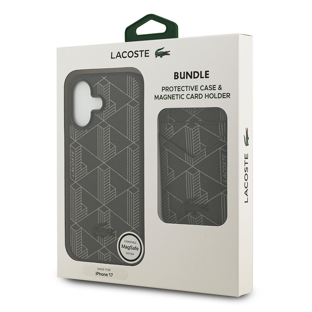 Lacoste iPhone 17 Orjinal Lisanslı M-safe Şarj Özellikli PU Deri Tasarımlı Kartlıklı Karışık Monogram Desenli Kılıf