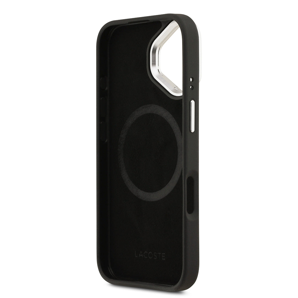 Lacoste iPhone 17 Orjinal Lisanslı M-safe Şarj Özellikli PU Pike Desenli Standlı Metal Logolu Kılıf