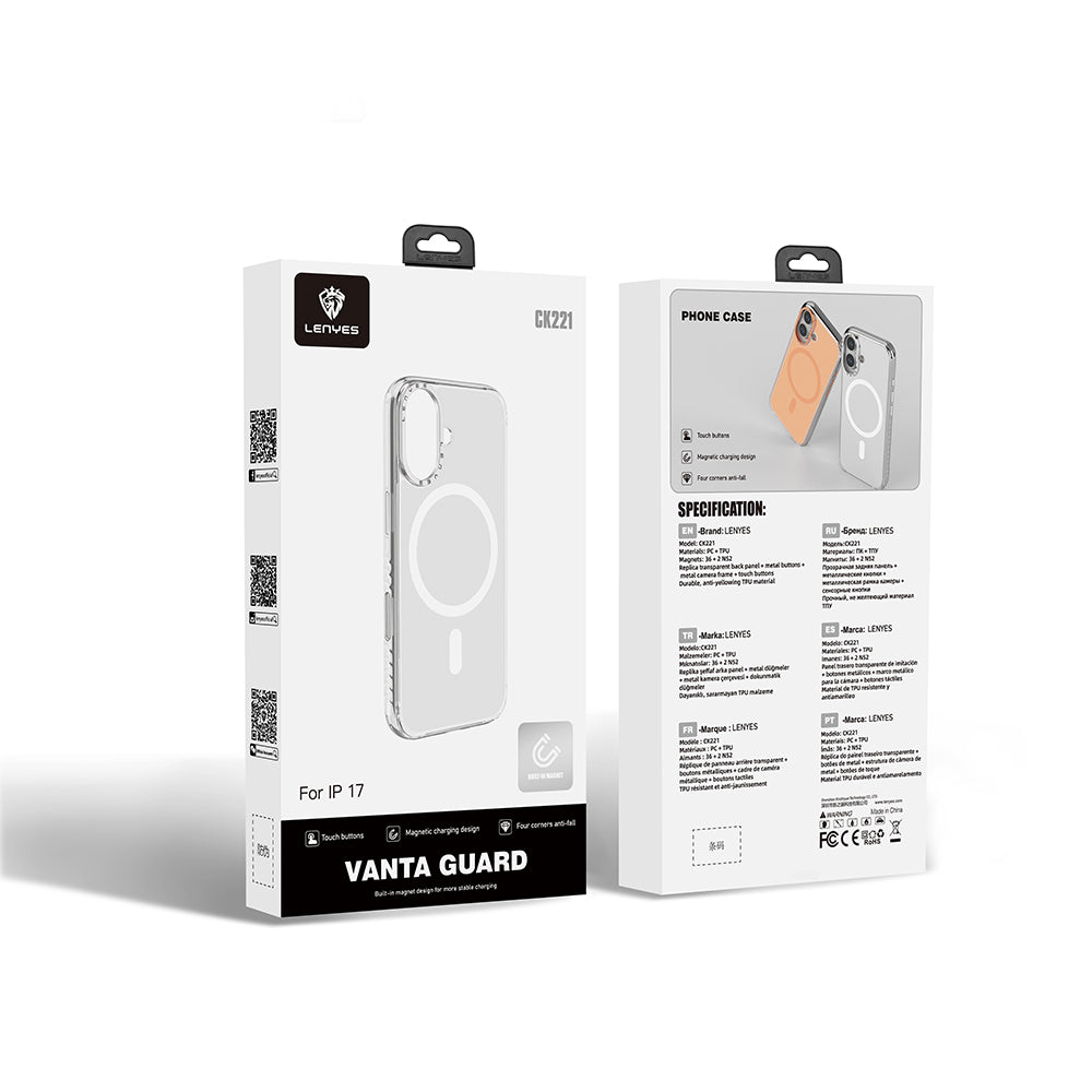 Lenyes CK221 iPhone 17 Kılıf M-safe Şarj Özellikli Metal Kamera Çerçeveli Airbag Tasarımlı Sert PC Kılıf