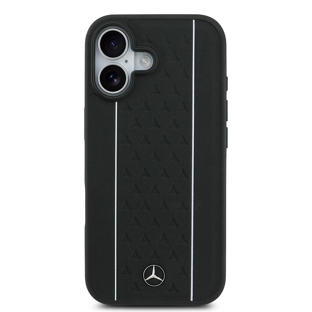 Mercedes Benz iPhone 17 Orjinal Lisanslı M-safe Şarj Özellikli Şeritli Yıldız Desenli Metal Logolu Deri Kılıf