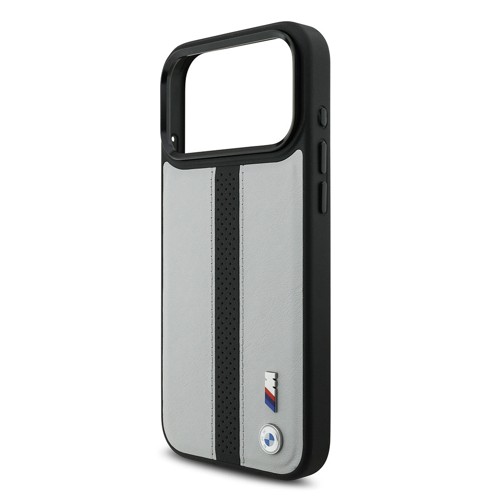 BMW iPhone 17 Pro Orjinal Lisanslı M-safe Deri Arka Yüzey Metal Logolu Delikli Şerit Tasarımlı Kılıf