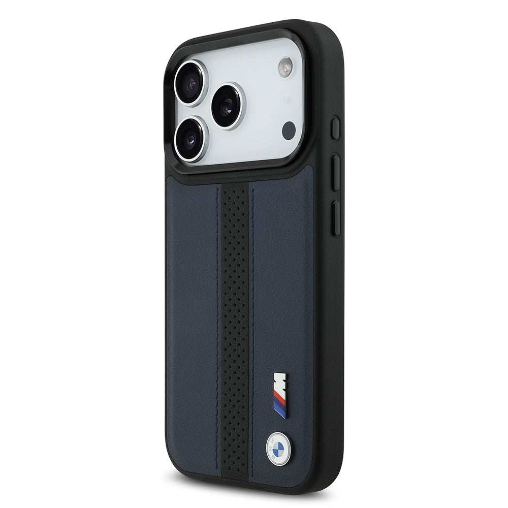 BMW iPhone 17 Pro Orjinal Lisanslı M-safe Deri Arka Yüzey Metal Logolu Delikli Şerit Tasarımlı Kılıf