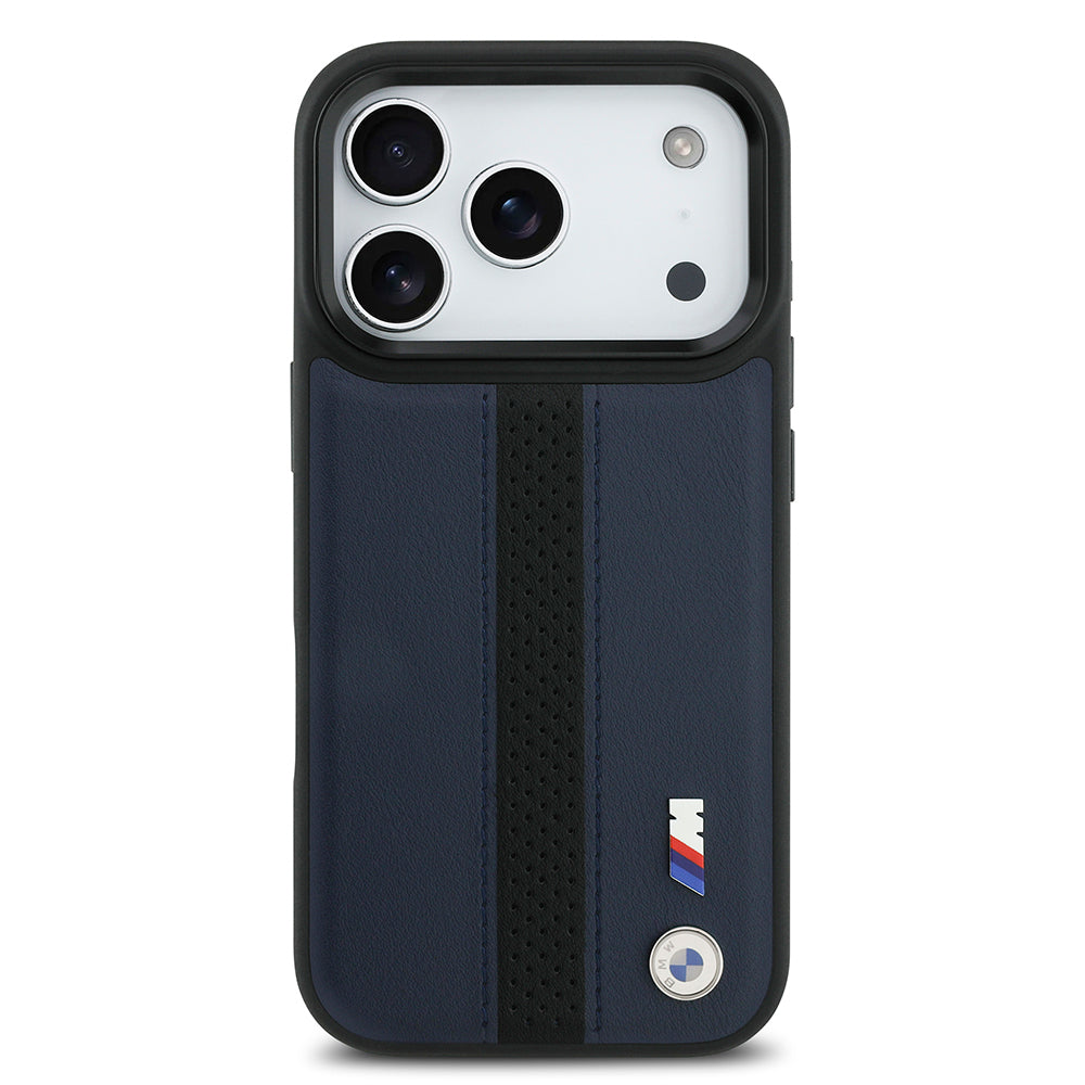 BMW iPhone 17 Pro Orjinal Lisanslı M-safe Deri Arka Yüzey Metal Logolu Delikli Şerit Tasarımlı Kılıf