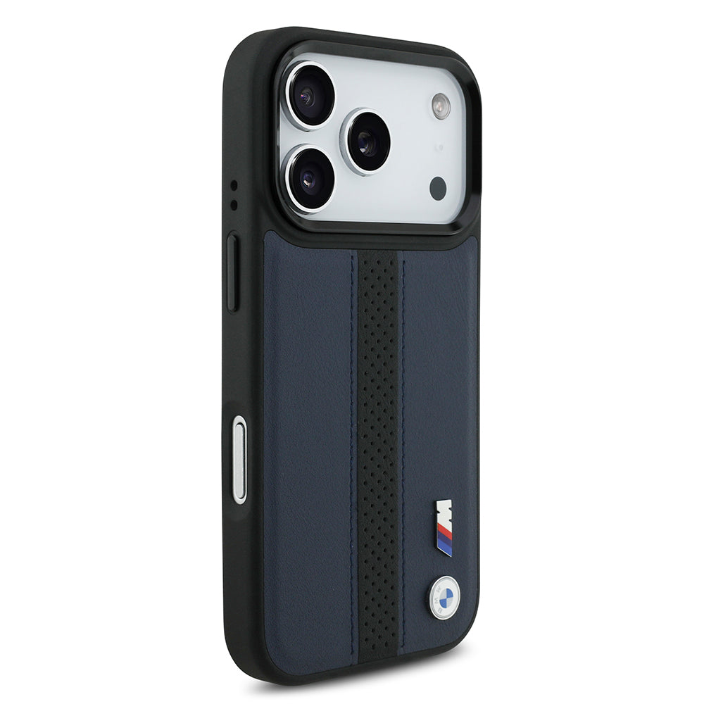 BMW iPhone 17 Pro Orjinal Lisanslı M-safe Deri Arka Yüzey Metal Logolu Delikli Şerit Tasarımlı Kılıf
