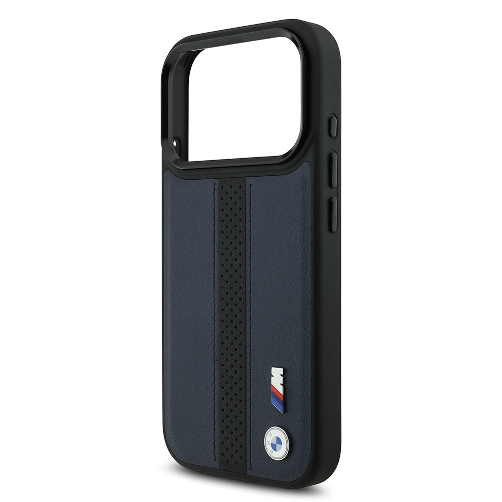 BMW iPhone 17 Pro Orjinal Lisanslı M-safe Deri Arka Yüzey Metal Logolu Delikli Şerit Tasarımlı Kılıf