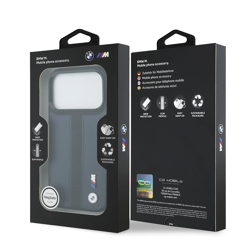 BMW iPhone 17 Pro Orjinal Lisanslı M-safe Deri Arka Yüzey Metal Logolu Delikli Şerit Tasarımlı Kılıf