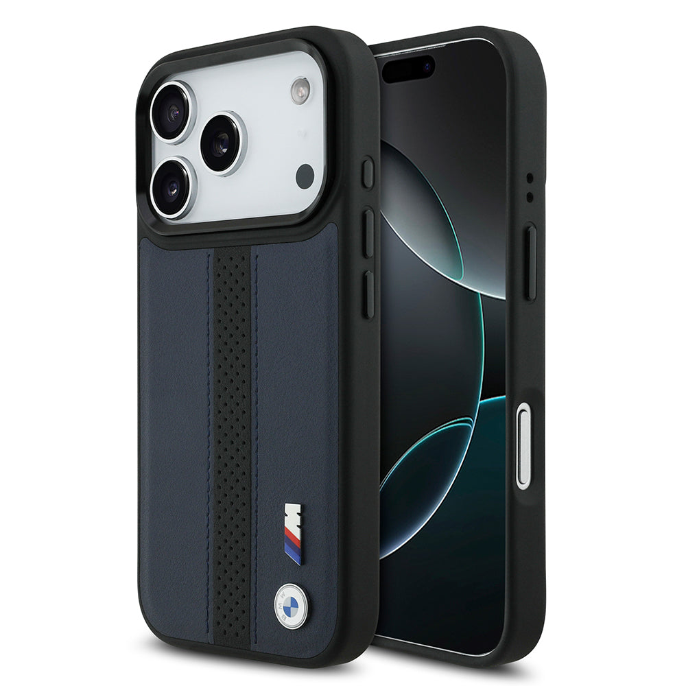 BMW iPhone 17 Pro Orjinal Lisanslı M-safe Deri Arka Yüzey Metal Logolu Delikli Şerit Tasarımlı Kılıf