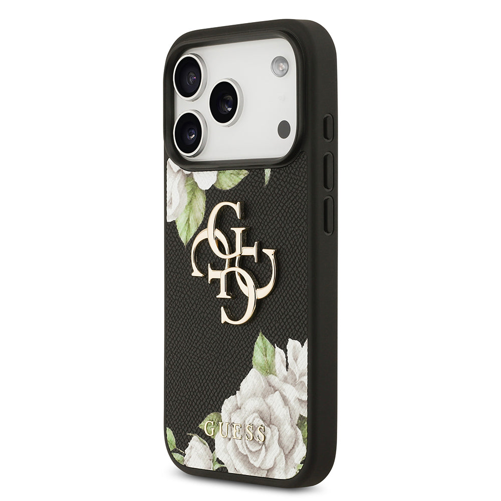 Guess iPhone 17 Pro Orjinal Lisanslı Gül Baskılı Büyük Metal Logo Dizaynlı Kılıf