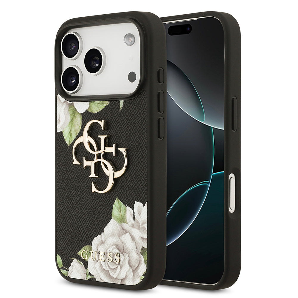 Guess iPhone 17 Pro Orjinal Lisanslı Gül Baskılı Büyük Metal Logo Dizaynlı Kılıf