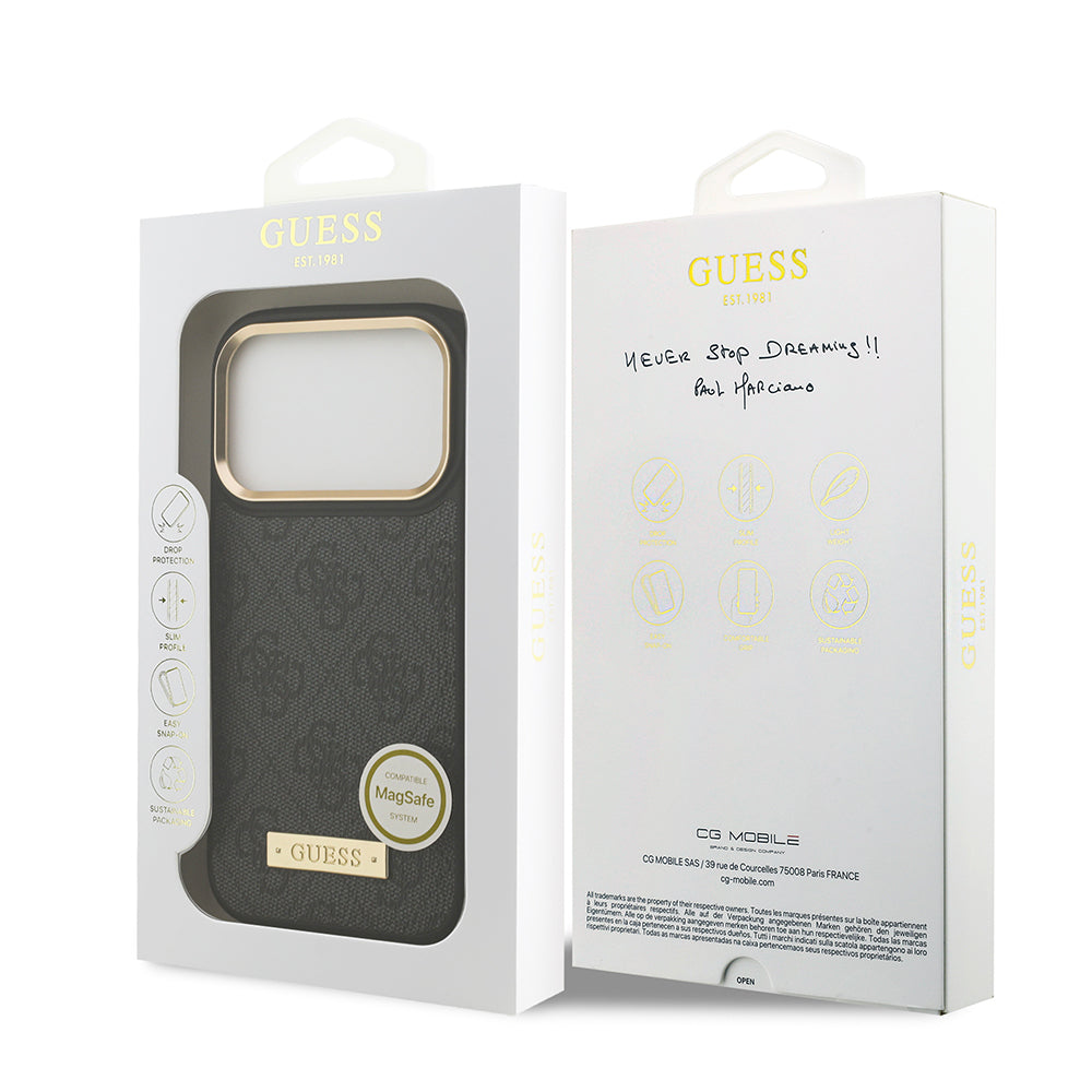 Guess iPhone 17 Pro Orjinal Lisanslı M-safe Şarj Özellikli 4G Desenli PU Metal Plaka Klasik Logolu Kılıf