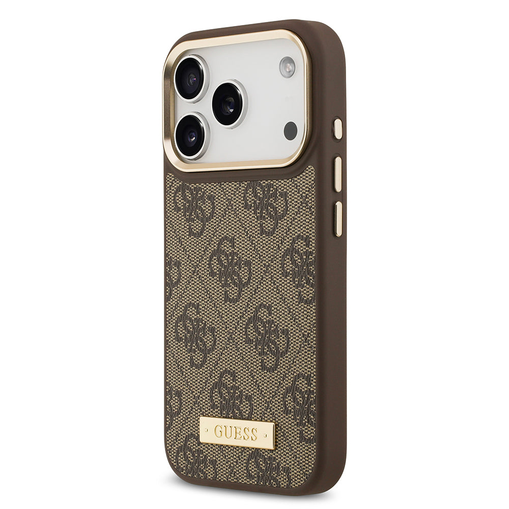 Guess iPhone 17 Pro Orjinal Lisanslı M-safe Şarj Özellikli 4G Desenli PU Metal Plaka Klasik Logolu Kılıf