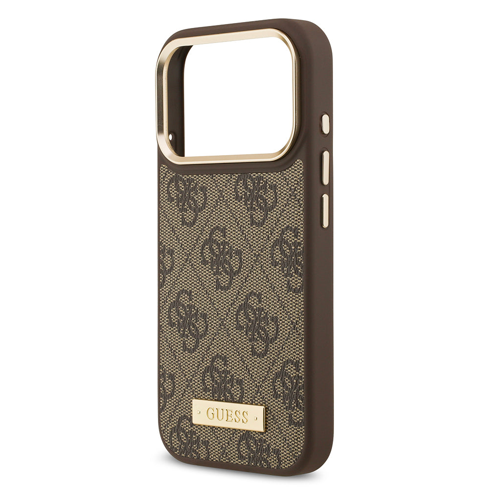 Guess iPhone 17 Pro Orjinal Lisanslı M-safe Şarj Özellikli 4G Desenli PU Metal Plaka Klasik Logolu Kılıf