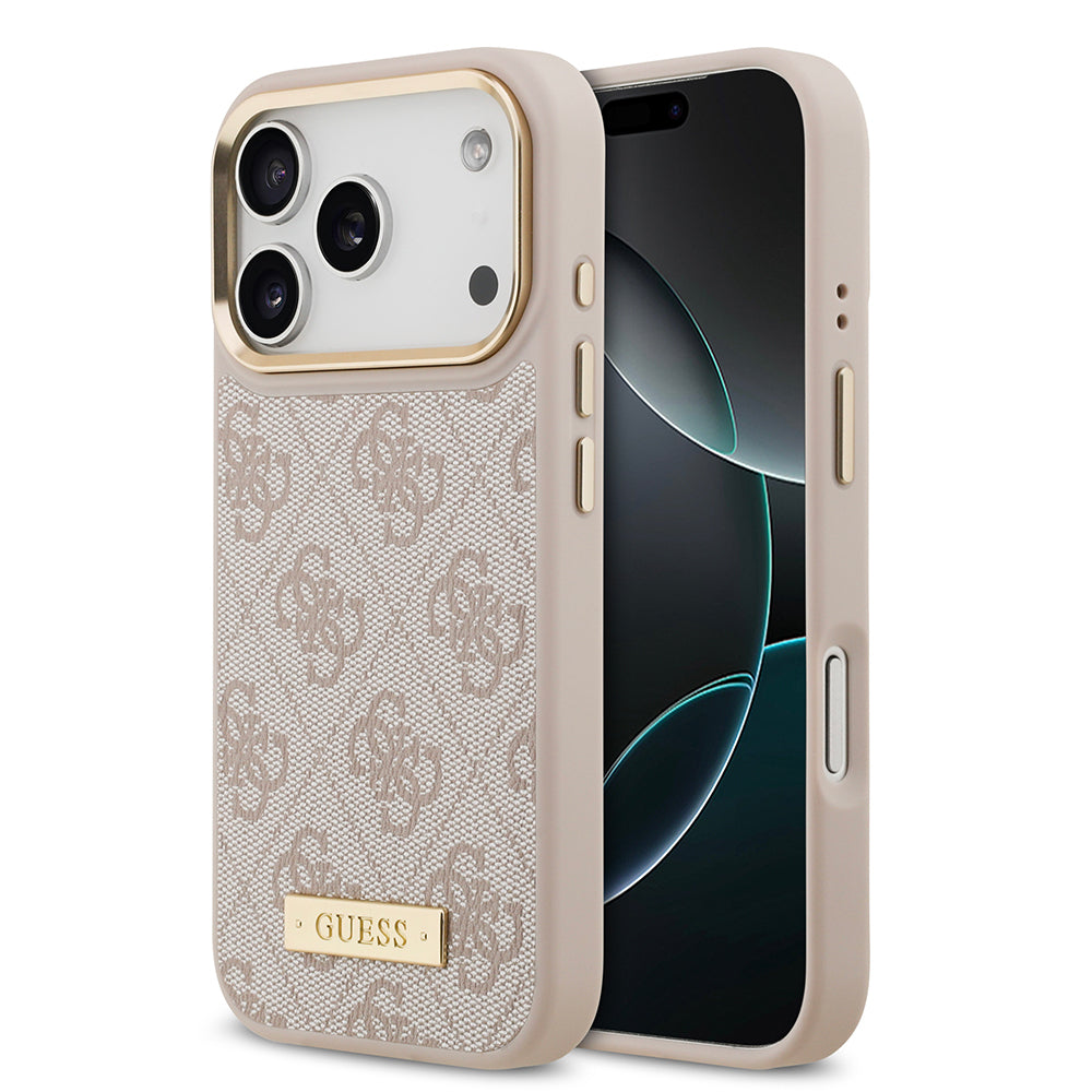 Guess iPhone 17 Pro Orjinal Lisanslı M-safe Şarj Özellikli 4G Desenli PU Metal Plaka Klasik Logolu Kılıf