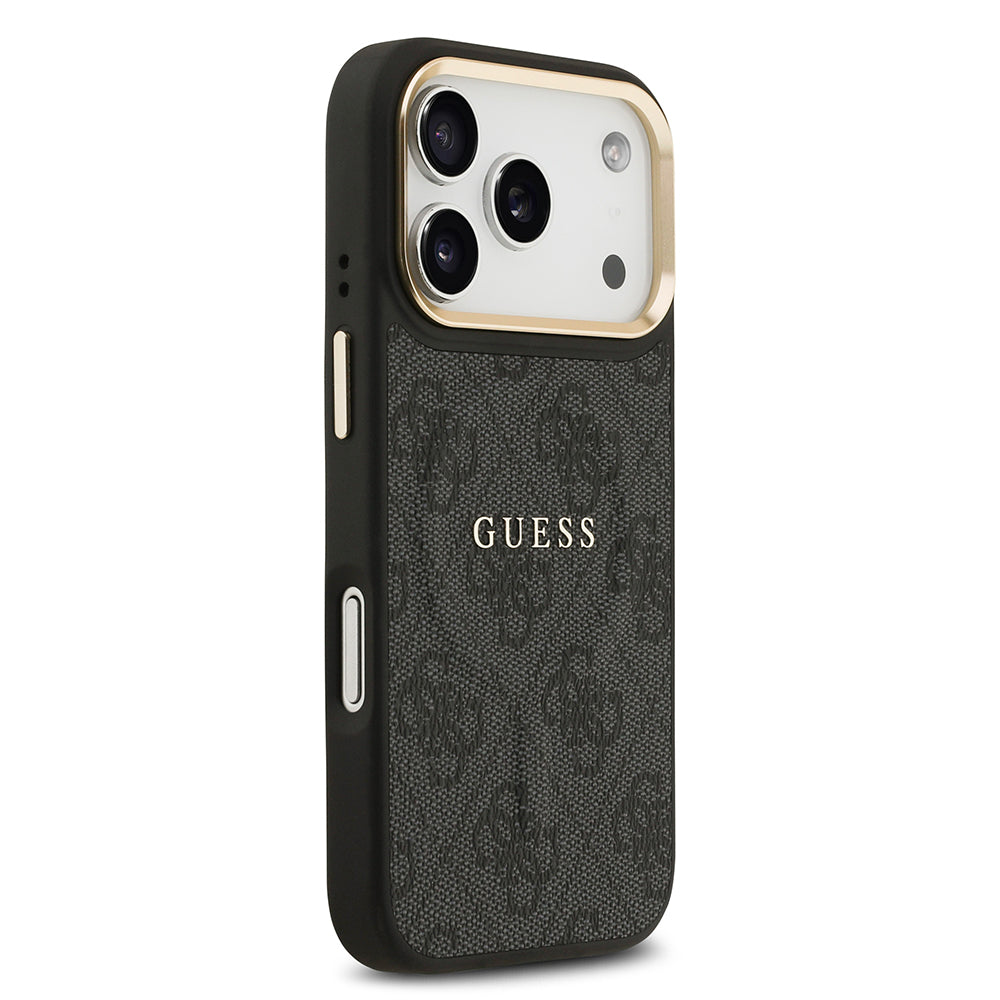 Guess iPhone 17 Pro Orjinal Lisanslı M-safe Şarj Özellikli Gold Metal Kamera Çerçeveli PU Deri 4G Desenli Yazı Logolu Kılıf
