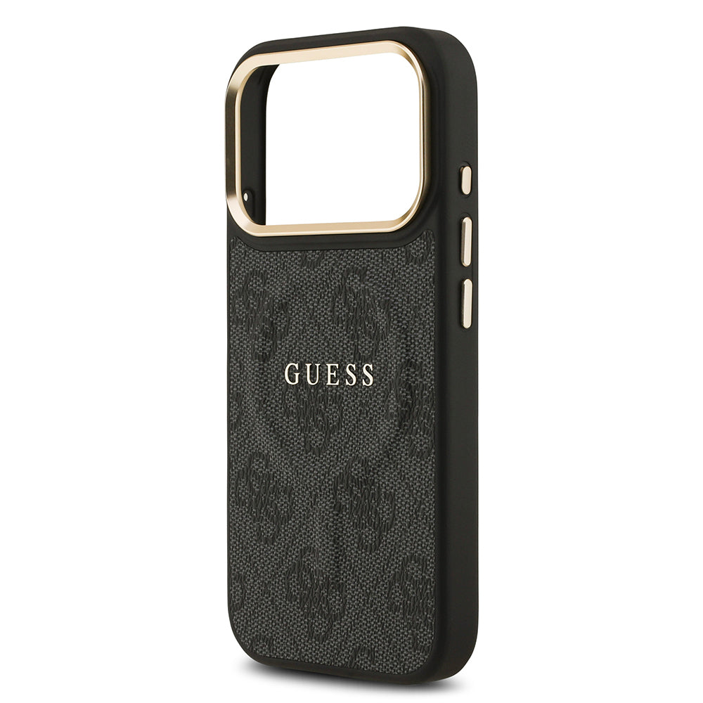 Guess iPhone 17 Pro Orjinal Lisanslı M-safe Şarj Özellikli Gold Metal Kamera Çerçeveli PU Deri 4G Desenli Yazı Logolu Kılıf