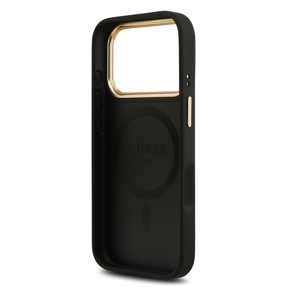 Guess iPhone 17 Pro Orjinal Lisanslı M-safe Şarj Özellikli Gold Metal Kamera Çerçeveli PU Deri 4G Desenli Yazı Logolu Kılıf