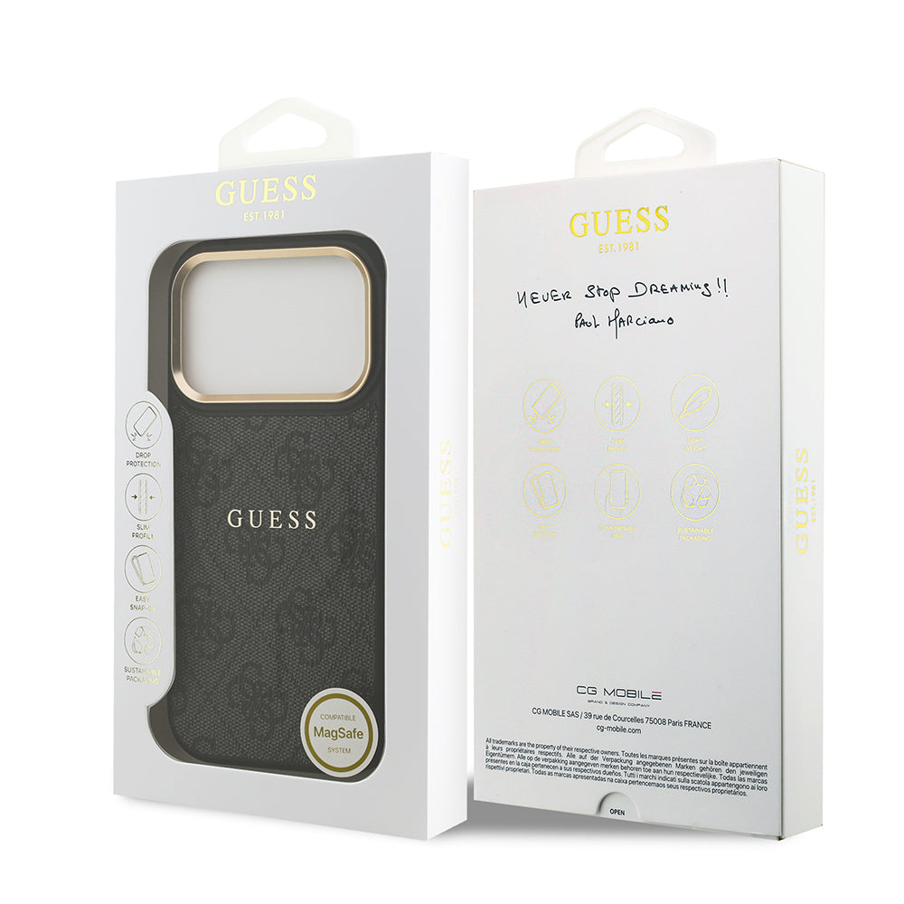 Guess iPhone 17 Pro Orjinal Lisanslı M-safe Şarj Özellikli Gold Metal Kamera Çerçeveli PU Deri 4G Desenli Yazı Logolu Kılıf