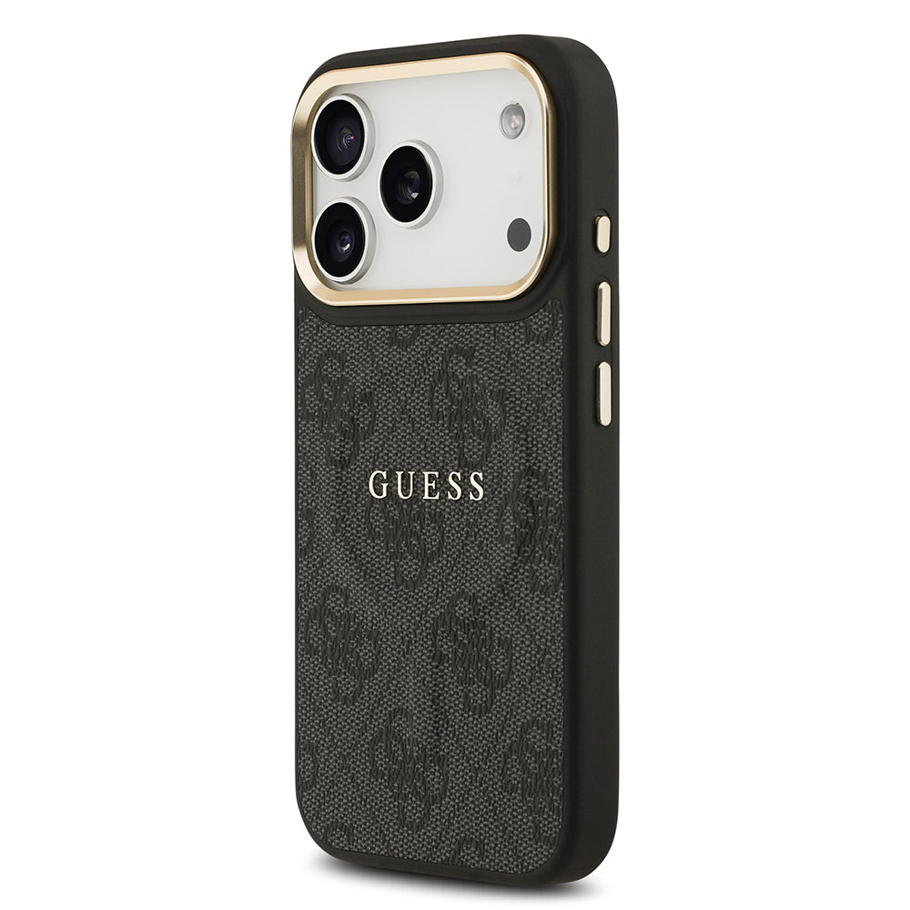 Guess iPhone 17 Pro Orjinal Lisanslı M-safe Şarj Özellikli Gold Metal Kamera Çerçeveli PU Deri 4G Desenli Yazı Logolu Kılıf