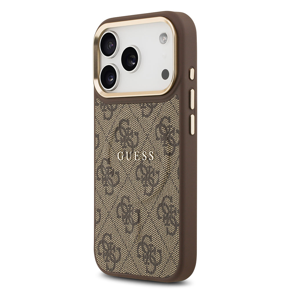 Guess iPhone 17 Pro Orjinal Lisanslı M-safe Şarj Özellikli Gold Metal Kamera Çerçeveli PU Deri 4G Desenli Yazı Logolu Kılıf