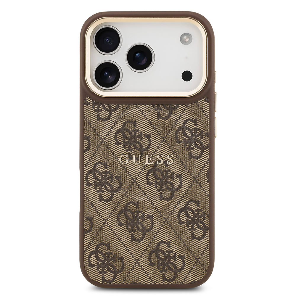 Guess iPhone 17 Pro Orjinal Lisanslı M-safe Şarj Özellikli Gold Metal Kamera Çerçeveli PU Deri 4G Desenli Yazı Logolu Kılıf