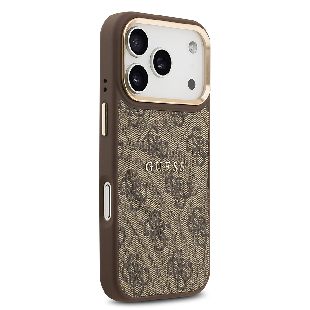 Guess iPhone 17 Pro Orjinal Lisanslı M-safe Şarj Özellikli Gold Metal Kamera Çerçeveli PU Deri 4G Desenli Yazı Logolu Kılıf