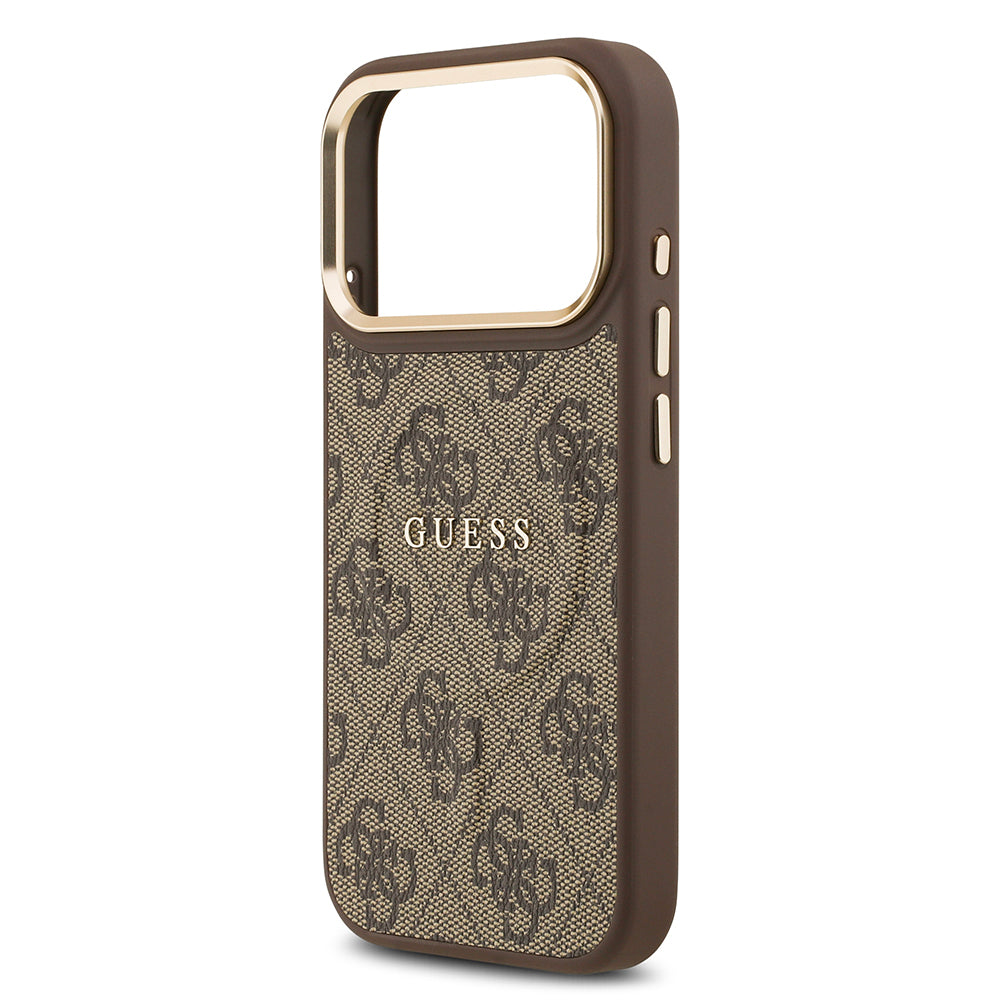 Guess iPhone 17 Pro Orjinal Lisanslı M-safe Şarj Özellikli Gold Metal Kamera Çerçeveli PU Deri 4G Desenli Yazı Logolu Kılıf