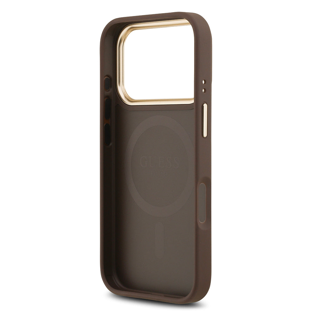 Guess iPhone 17 Pro Orjinal Lisanslı M-safe Şarj Özellikli Gold Metal Kamera Çerçeveli PU Deri 4G Desenli Yazı Logolu Kılıf