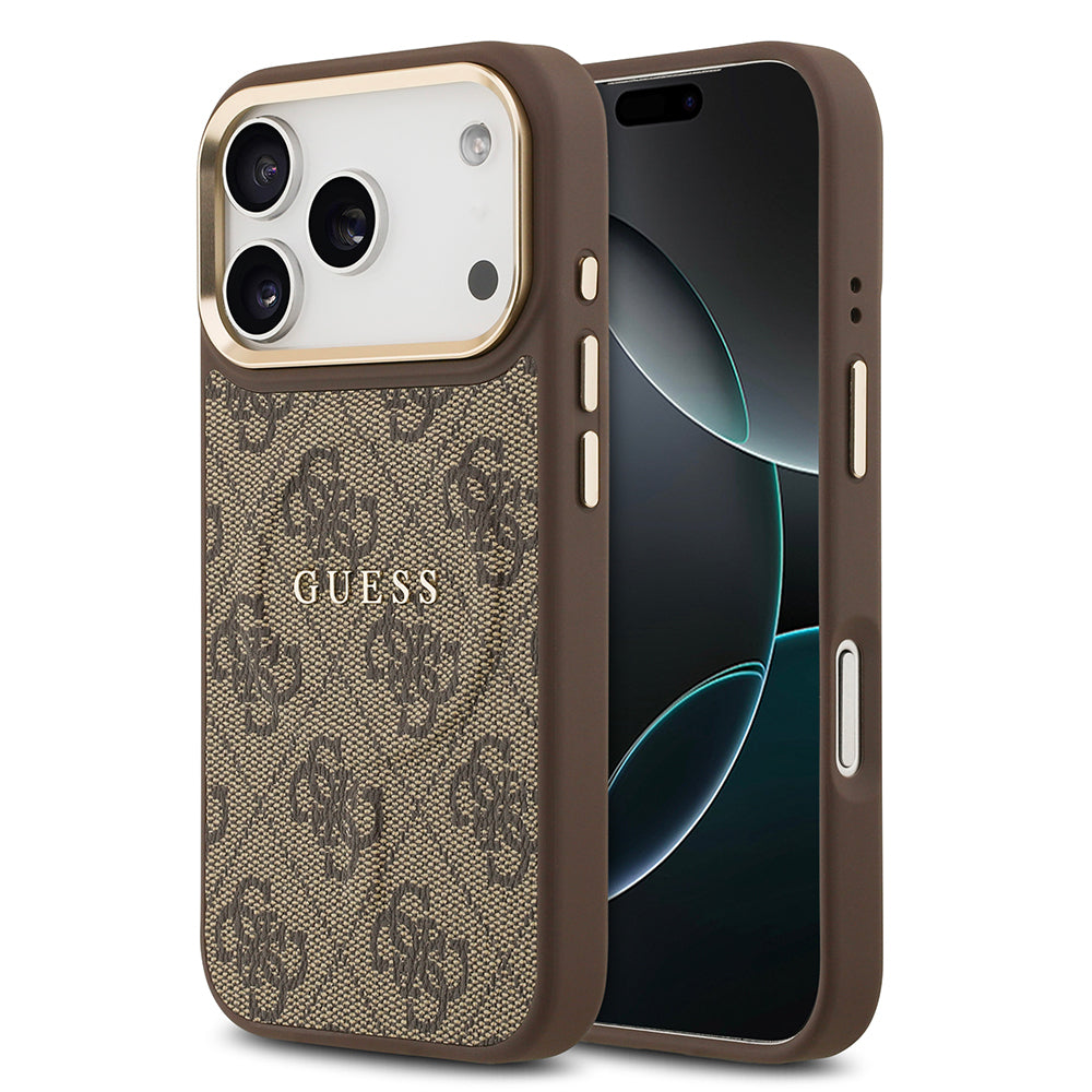 Guess iPhone 17 Pro Orjinal Lisanslı M-safe Şarj Özellikli Gold Metal Kamera Çerçeveli PU Deri 4G Desenli Yazı Logolu Kılıf