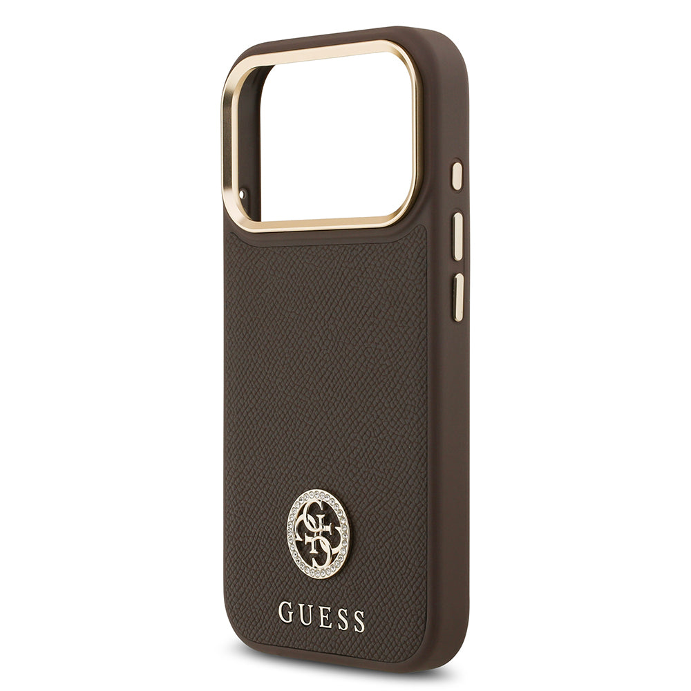 Guess iPhone 17 Pro Orjinal Lisanslı M-safe Şarj Özellikli Grained Yazı ve Taşlı 4G Logolu Kılıf