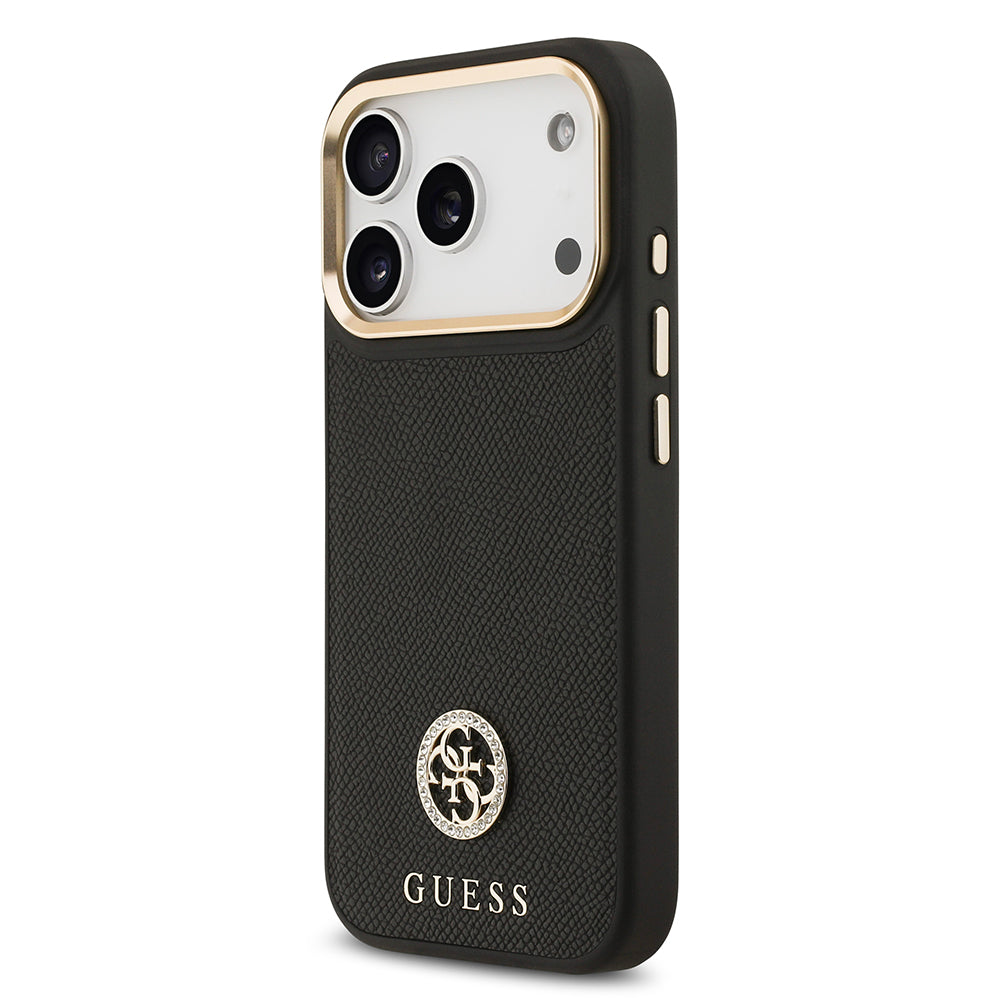 Guess iPhone 17 Pro Orjinal Lisanslı M-safe Şarj Özellikli Grained Yazı ve Taşlı 4G Logolu Kılıf
